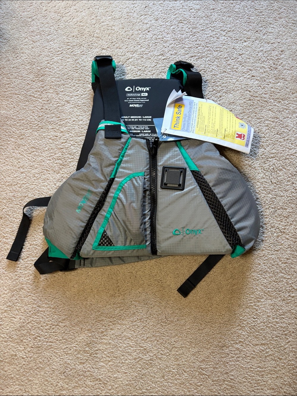 Onyx Movent Gray and Green Adult Life Jacket. US Coast Guard Approved.